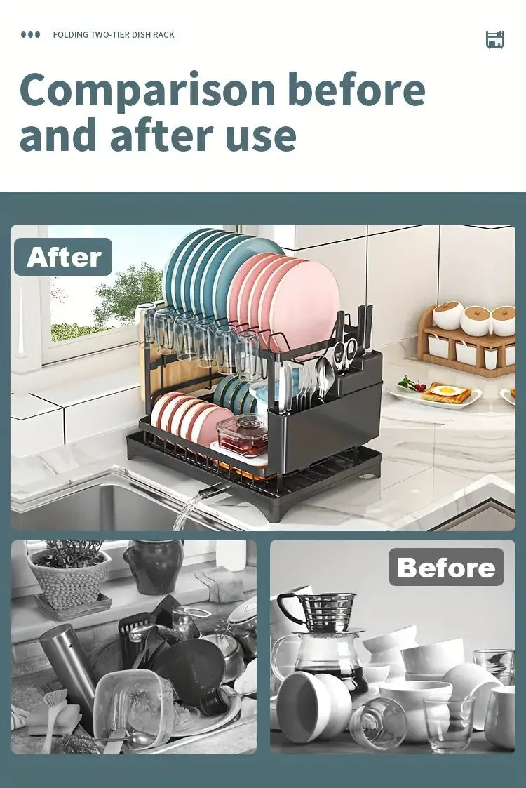 2 Tier Large Stainless Steel Dish Drying Rack with Drainboard for Kitchen Counter - Multifunctional Dish Drainer for Plates and Cups