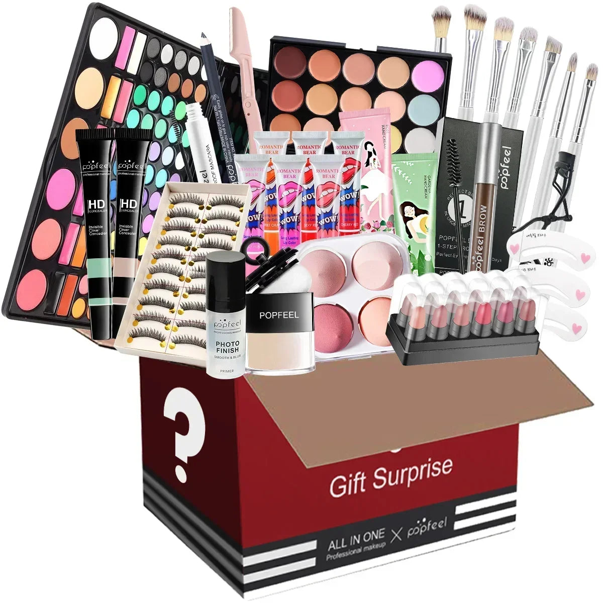 Popfeel All in One Makeup Kit Gift Set with Eyeshadow Palette Foundation Lip Gloss Blush Brushes and Eyeliner Essential Beauty Collection