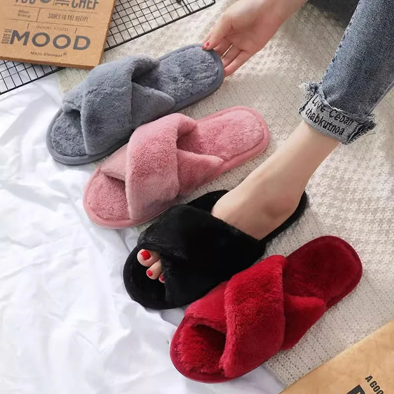 Winter Cross Imitation Rabbit Fur Slippers for Women