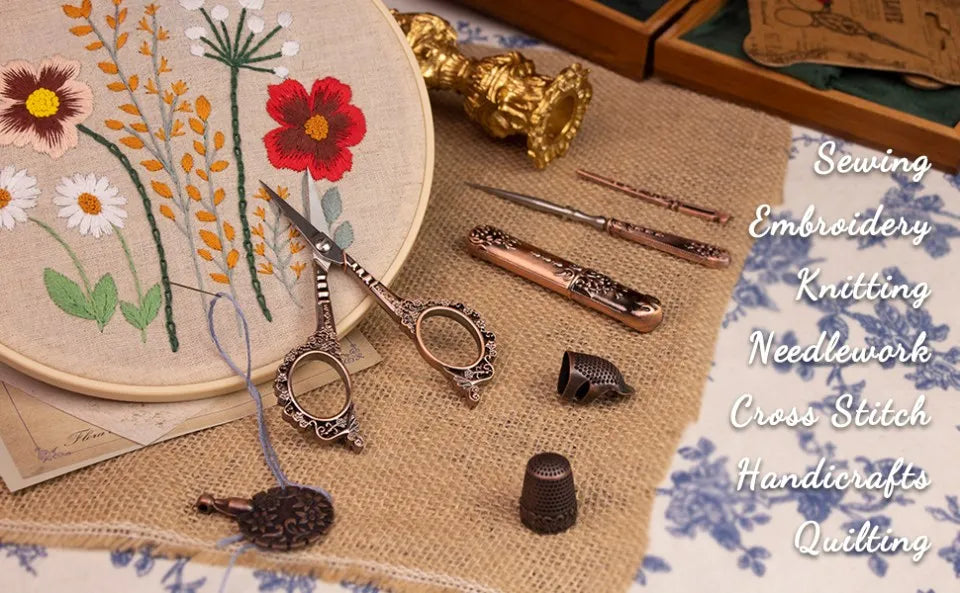 Vintage Sewing Kit Complete European Style Antique Embroidery Scissors Set with Needles and Craft Supplies for DIY Projects