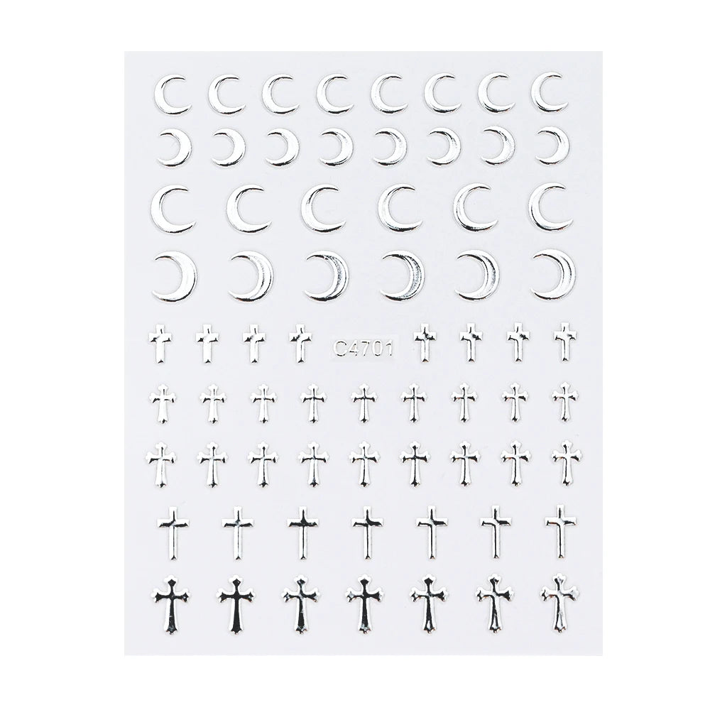 6Pcs/Set Metal Silver Star Heart Moon 3D Nail Art Stickers