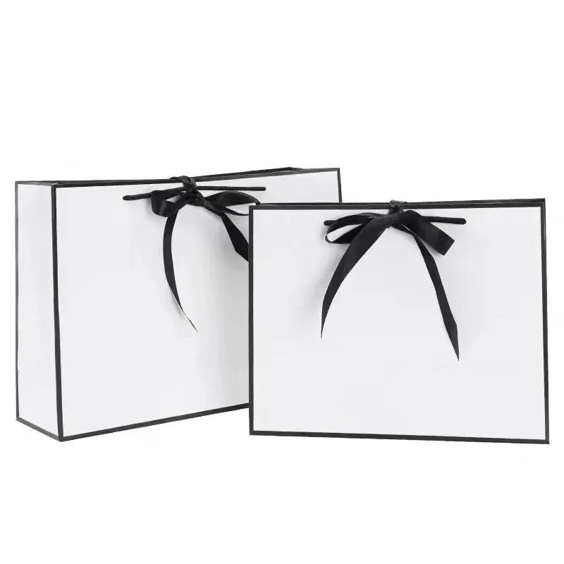 White Paper Gift Boxes with Black Border 1-50 Pieces Portable Tote Bags with Bow Ribbon for Dinner Party Supplies
