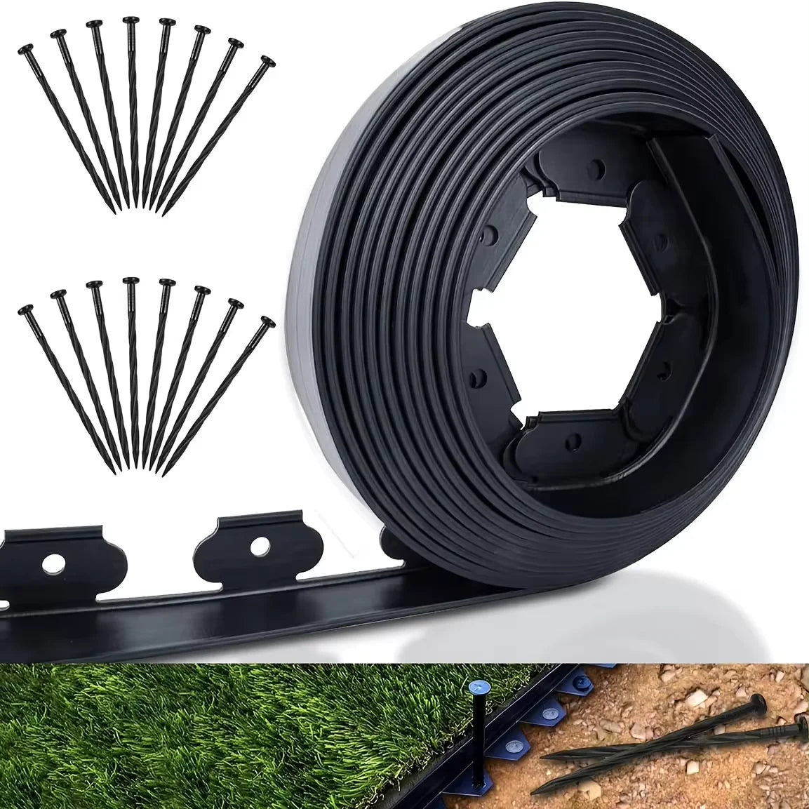 10M Plastic Garden Edging Border Kit with 30 Anchoring Spikes for Easy Installation and Durable Landscape Design