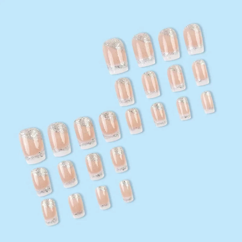 24 Pcs Fake Nails with Design White French Glitter Press On Nails