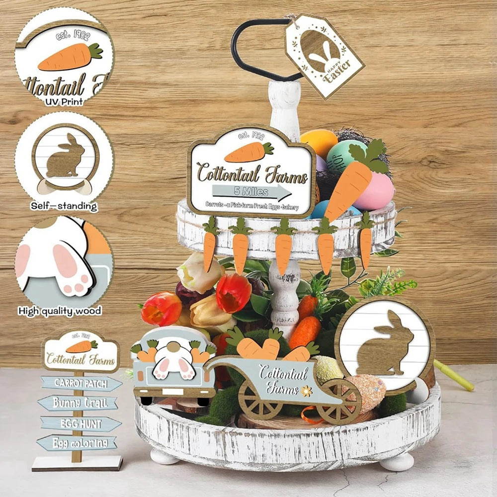 Easter Bunny Carrots Wooden Tiered Tray Decorations Set for Happy Easter Day Table Centerpiece