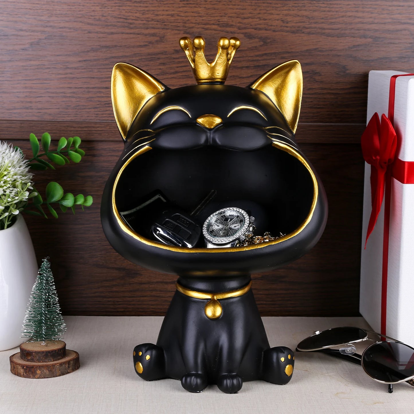 Lucky Cat Statue Decoration Resin Big Mouths Cat Key Box Cute Desktop Storage Accessories