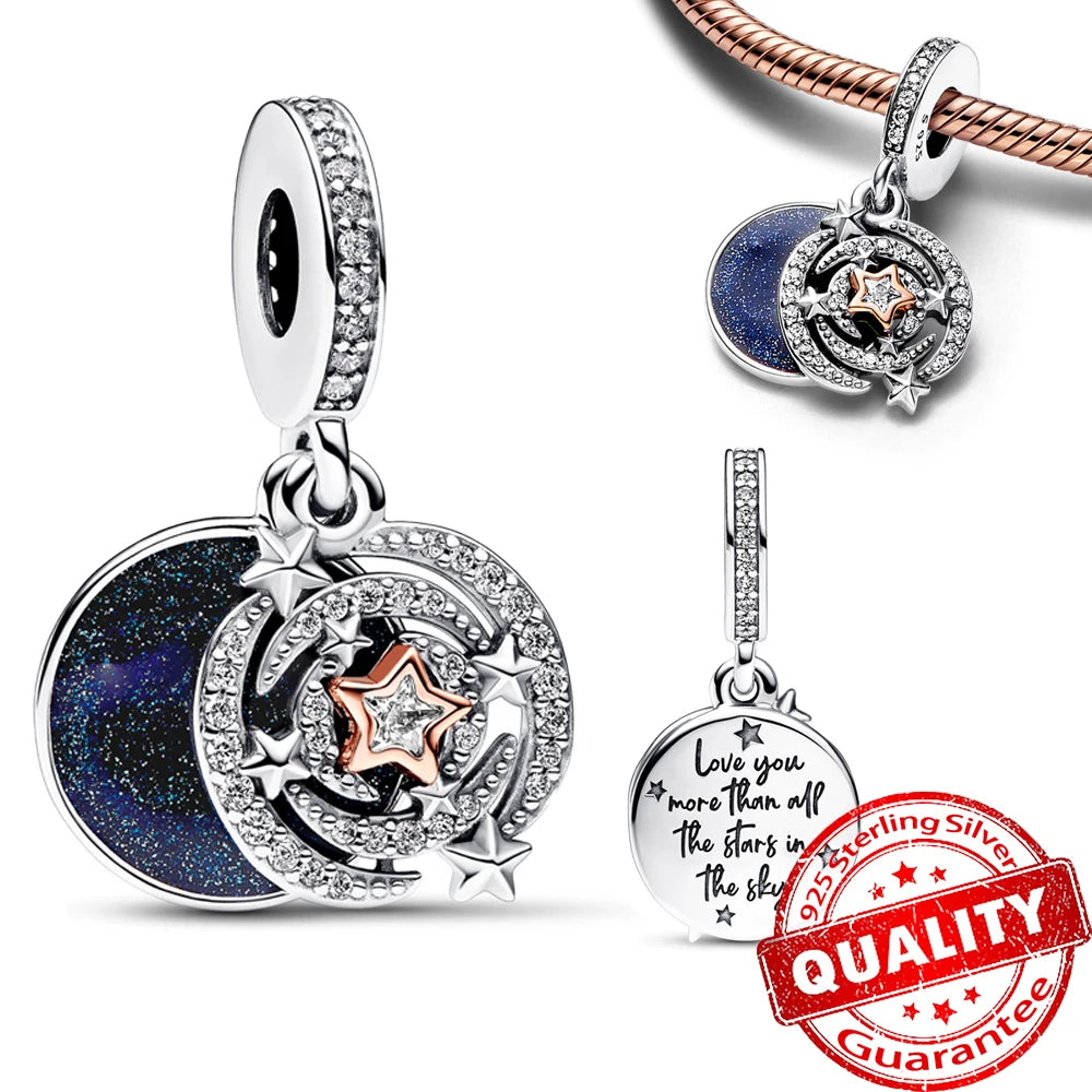 Authentic 925 Sterling Silver Charm Sparkling Star Moon Sun Pendant Jewelry Gift