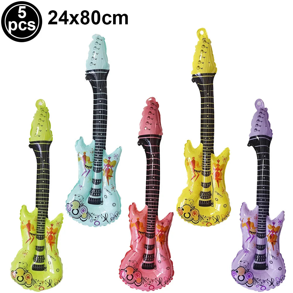 5 Piece PVC Musical Instrument Inflatable Balloon Set with Guitar and Microphone for Kids Birthday and Retro Party Decorations