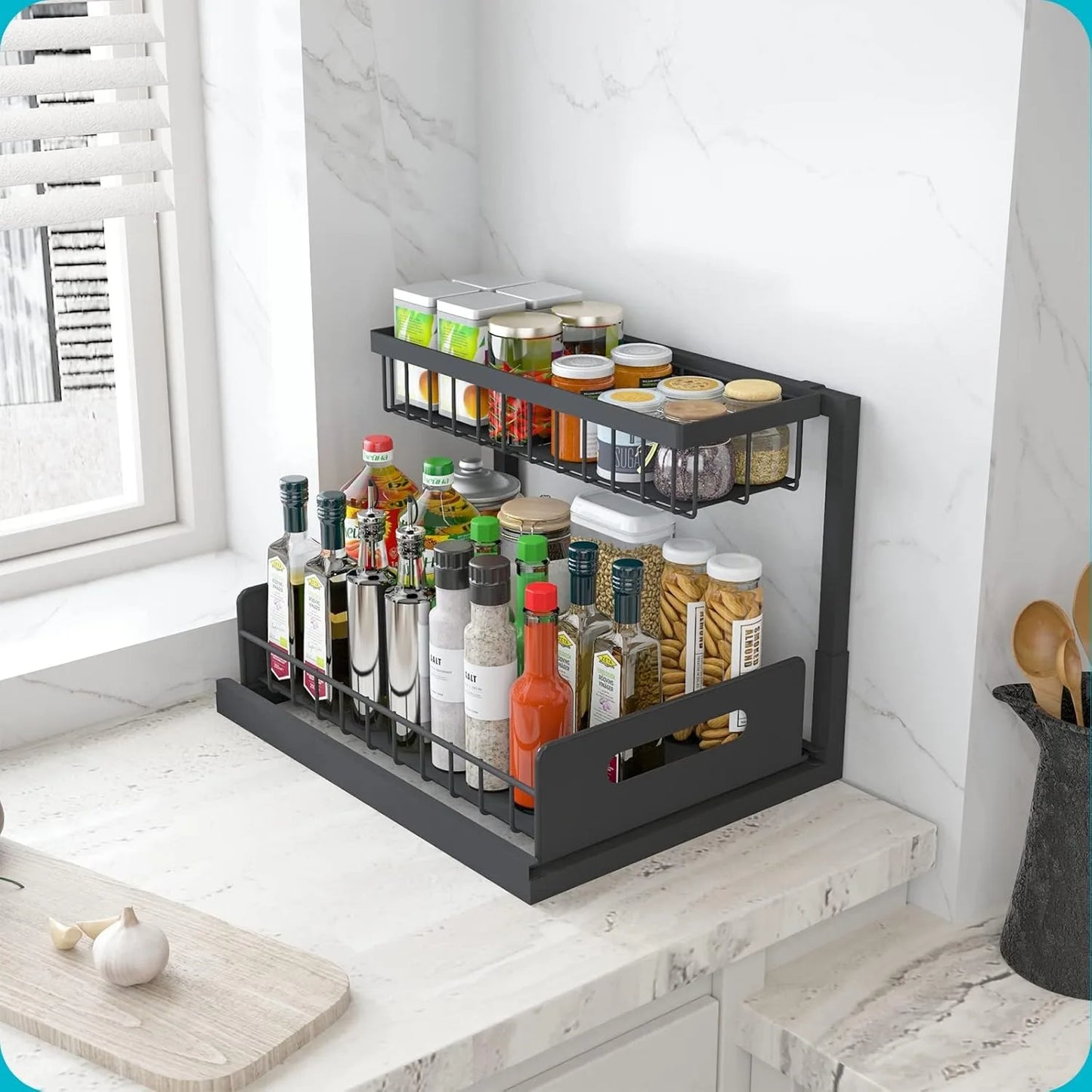 2 Tier Under Sink Organizers with Sliding Drawer for Bathroom and Kitchen Storage