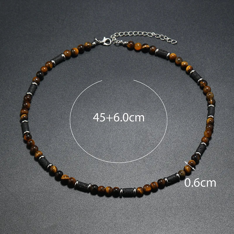 New Bohemian Men's Beaded Necklace Tiger Stone Natural Stone