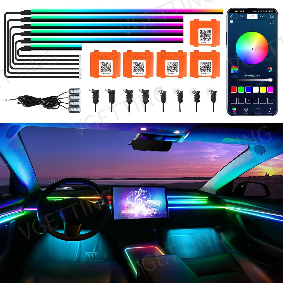 Vgetting 18 in 1 Car Ambient Lights LED Acrylic Strips RGB 64 Colors APP Control