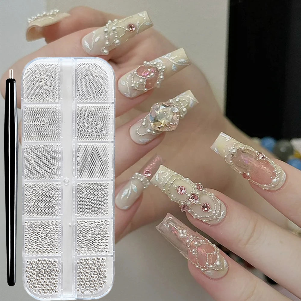 12 Grids Mini Caviar Beads Nail Art Charms With Magnetic Pen