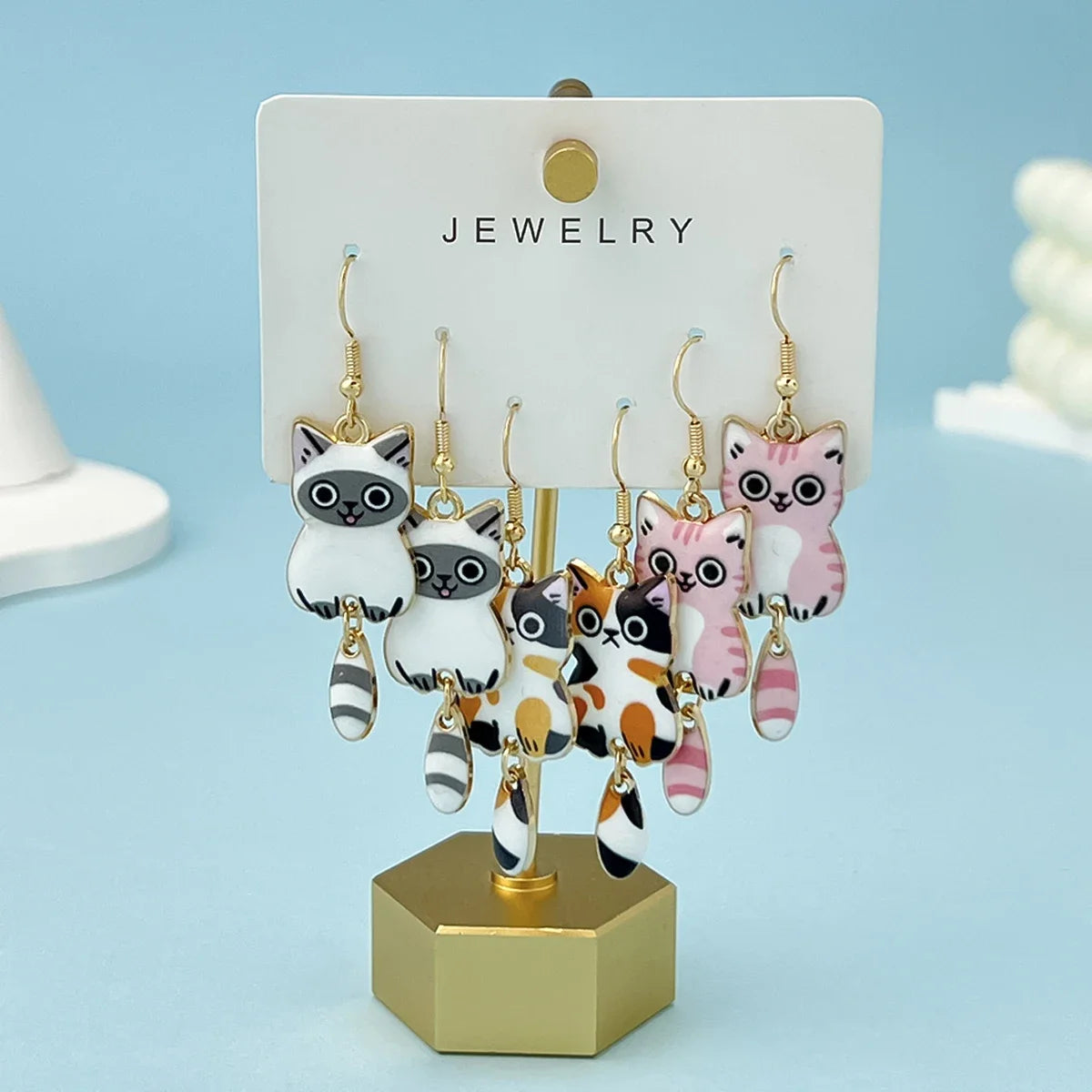 3 Pairs Fun Cute Enamel Alloy Cat Dangle Earrings Set Gift