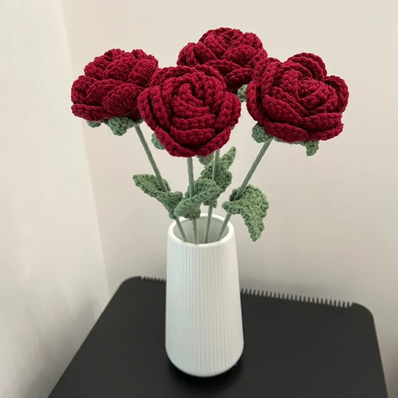 1PC Romantic Wine Red Knitted Rose Bunch for DIY Flower Crafts Home Decor