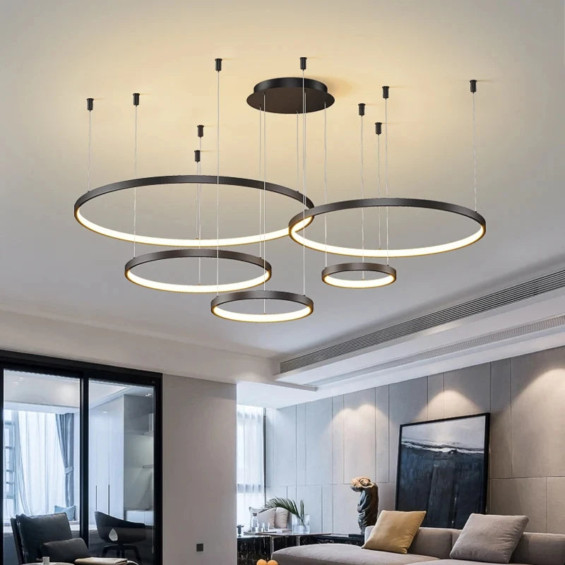 Black Rings Modern Minimalist Dimmable Pendant Light for Living Room and Restaurant Remote Control Chandelier Home Decor