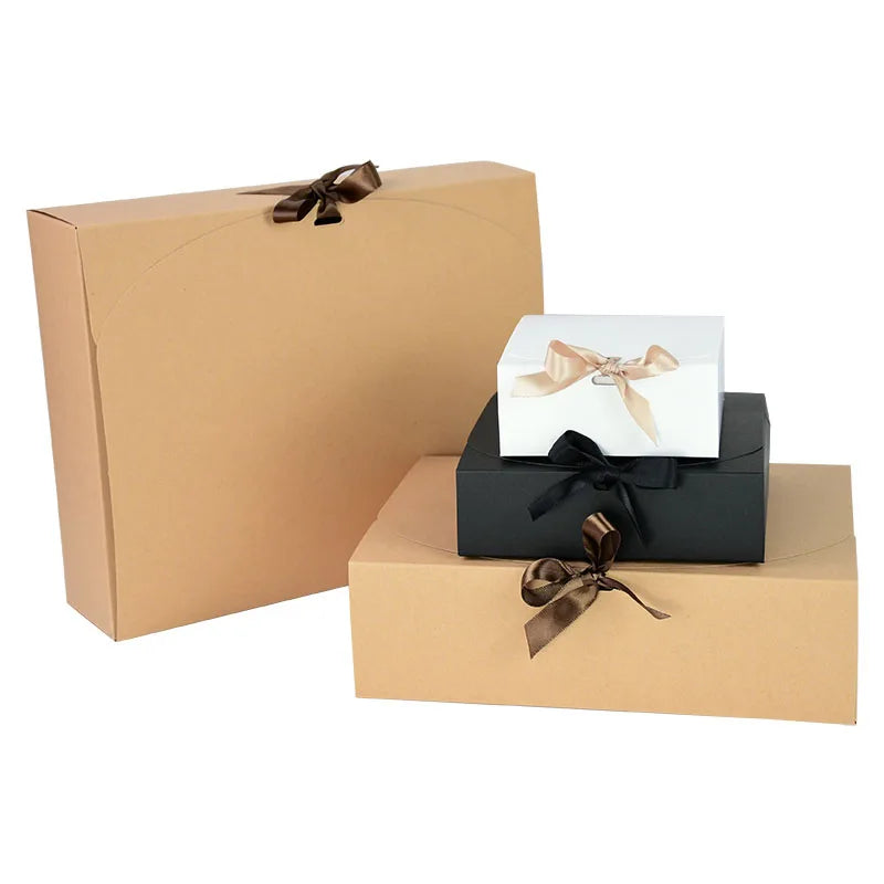 5 Piece Black and White Kraft Paper DIY Gift Box Set with Bow Ribbon for Weddings and Parties