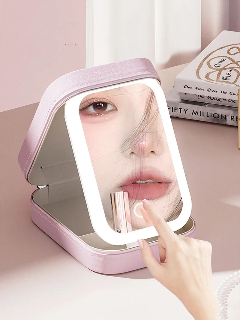 LED Makeup Bag With Mirror And Light Portable Cosmetic Storage For Women Small Lipstick And Brush Organizer