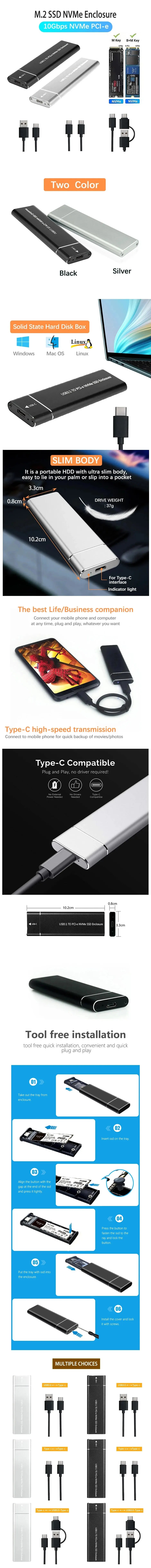 USB3.1 M.2 SSD Enclosure Mobile Case For NVME Type-C Metal