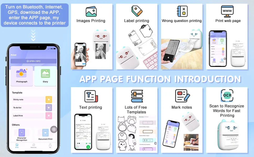 Mini Photo Pocket Printer Portable Ink-free Thermal 57mm Wireless BT 200dpi for Android iOS