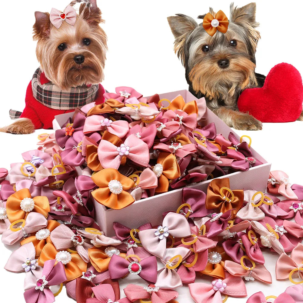 10/20PCS Diamond Puppy Bows Multi Style Dog Bows With Rubber Bands Pet Hair Accessories For Dogs Handmade Dog Hair Bows Supplies