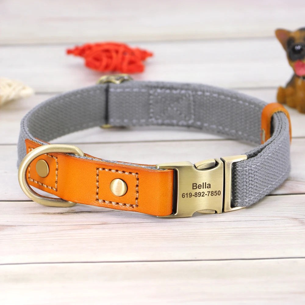 Nylon Custom Dog Collar and Leash Set with Personalized Genuine Leather Nameplate ID Tag for Puppies