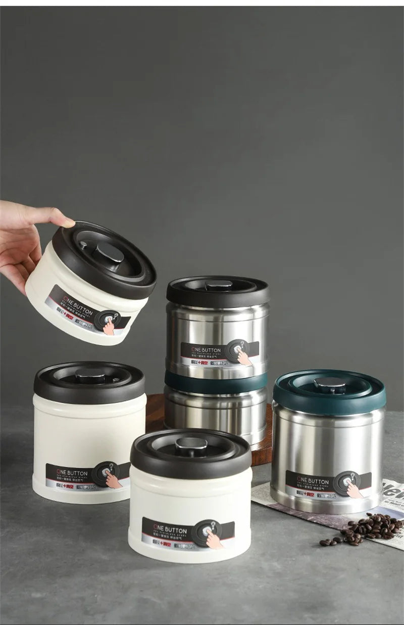 Coffee Bean Vacuum Sealed Canister 304 Stainless Steel Press Type Storage for Grains Tea and Nuts Kitchen Crisper Box