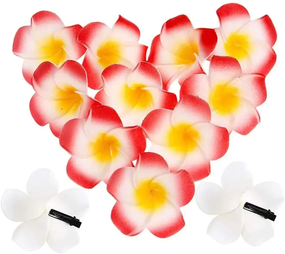 50Pcs 2.4 Inch White Foam Hawaiian Frangipani Artificial Plumeria Flower Hair Clips for Tropical Home Decor and Beach Party Decorations