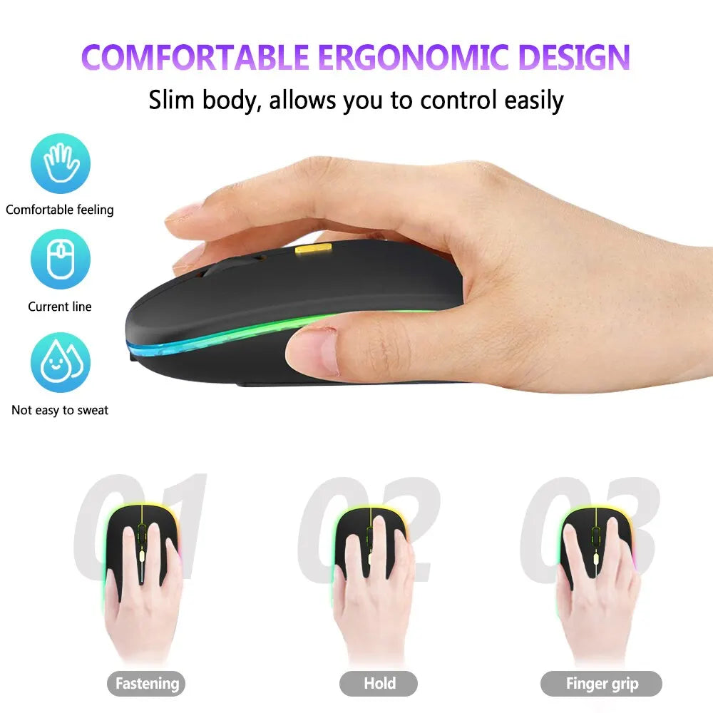 Wireless Mouse Bluetooth and 2.4GHz Dual Modes RGB Ergonomic Silent Click for PC iPad Laptop