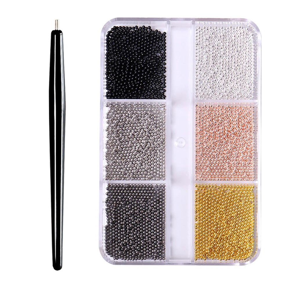 12 Grids Mini Caviar Beads Nail Art Charms With Magnetic Pen