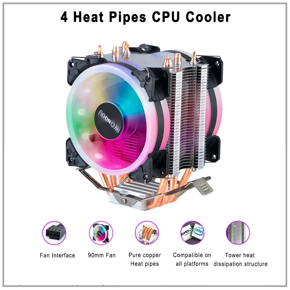 Cpu Cooler X99 4pin 90mm Radiator IWONGOU RGB Fans 4 Heatpipes
