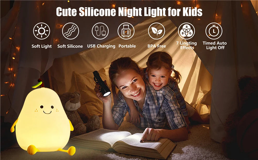 Pear Shaped Silicone Night Light for Kids Dimmable 7 Colors USB Rechargeable Cute Bedroom Lamp