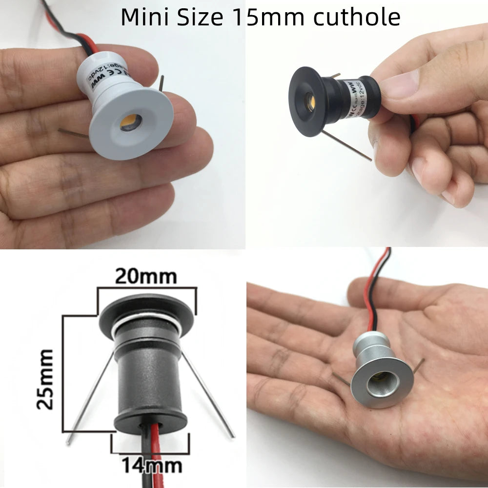 1W Mini Recessed LED Spotlight IP65 for Ceilings Cabinets and Stairs 15mm Downlight with 12V Transformer
