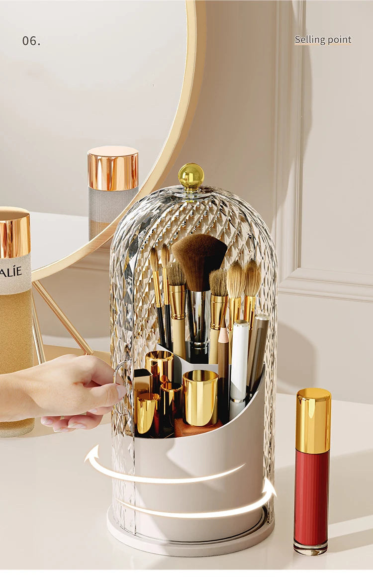 Makeup Brush Holder with Lid Diamond Birdcage 360 Rotating Organizer