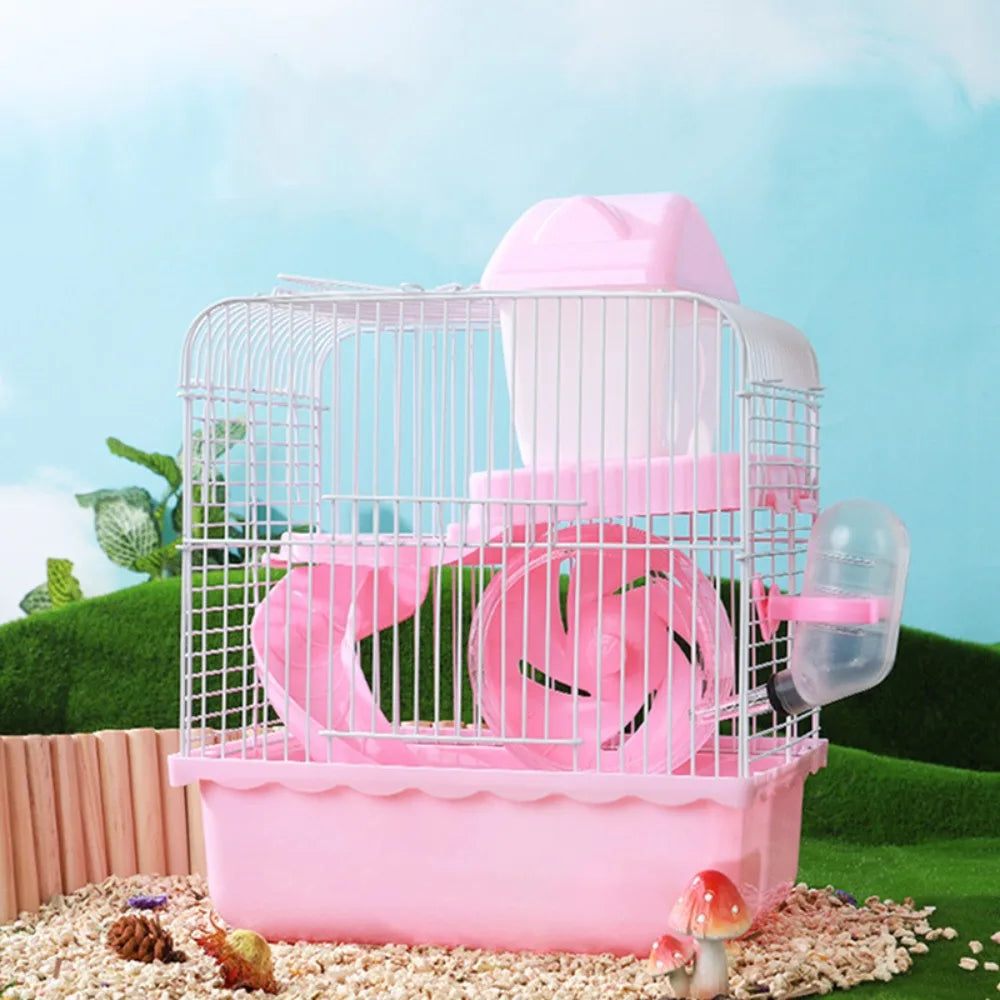 Ventilation Hamster Double-storey Villa Removable Feeding Bottle Pet Castle Cage with Running Wheel with Handle