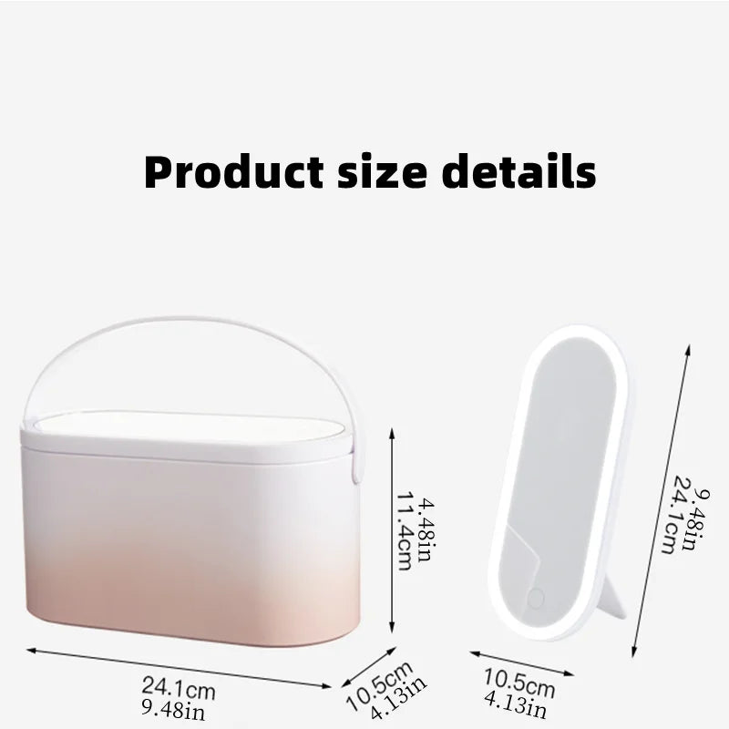 Portable Makeup Organizer Box with LED Light Mirror Travel Cosmetic Storage Case