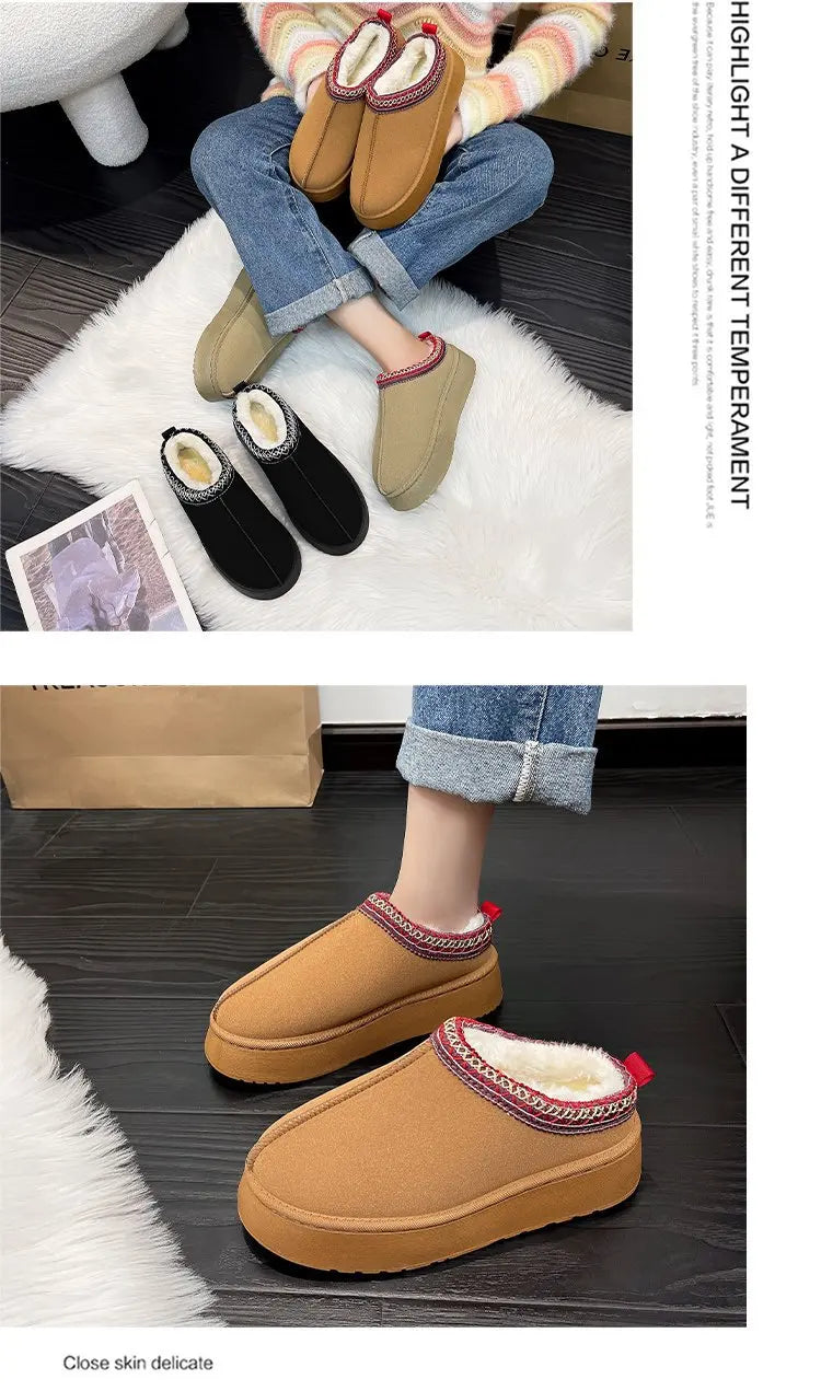 Women's Wool Slippers Warm Sheepskin Platform Shoes 2024
