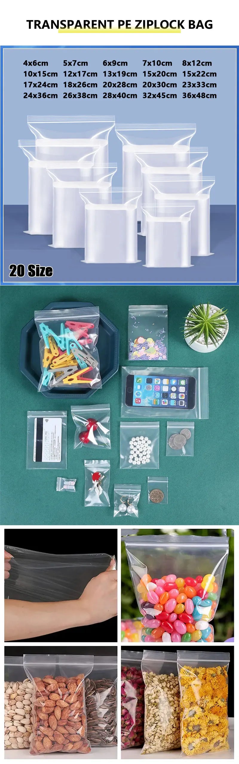 100Pcs Thicken Zipper Sealed Bags Clear Plastic Storage Bags for Jewelry and Food Packing