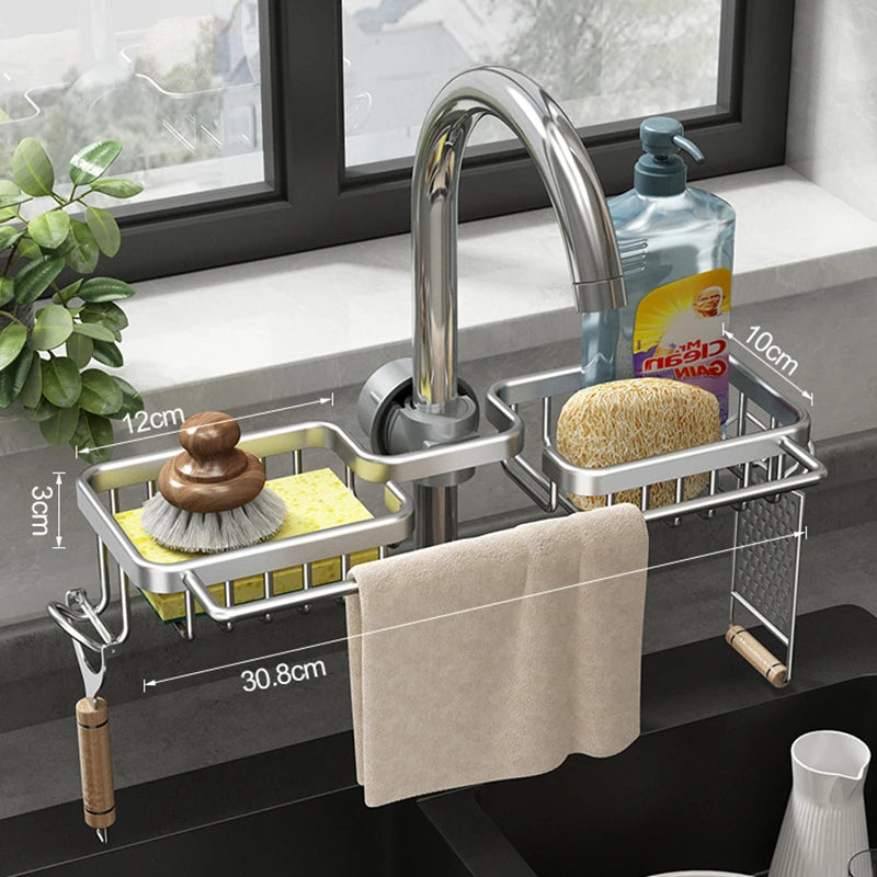 Aluminum Sink Drain Rack Sponge Holder and Soap Organizer Bathroom Kitchen Accessory