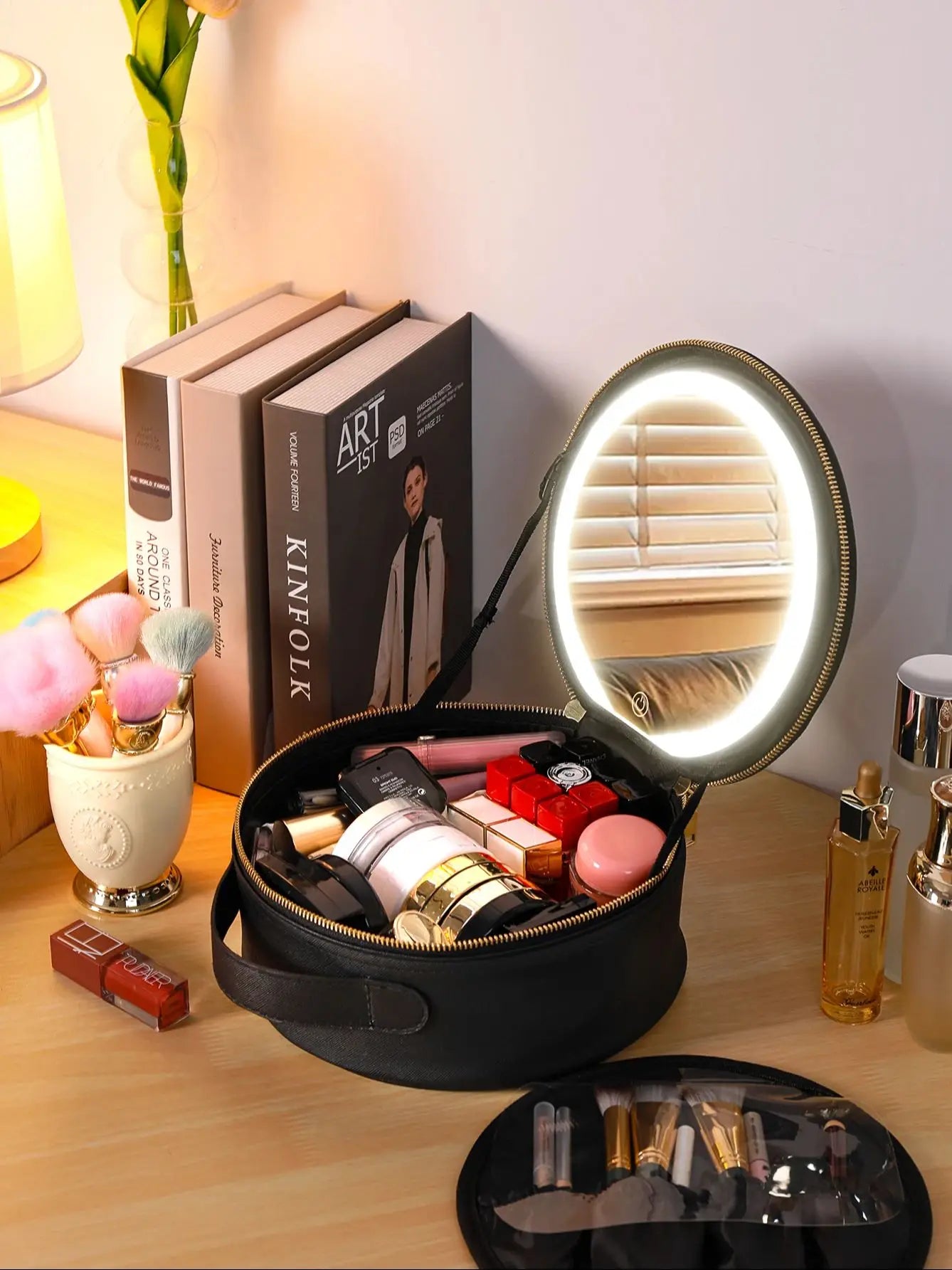 Travel PU Makeup Bag with LED Mirror and Light Portable Cosmetic Organizer for On-the-Go Beauty