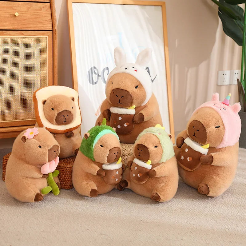 Strawberry Hat Capybara Plush Toy with Turtle Backpack Pendant