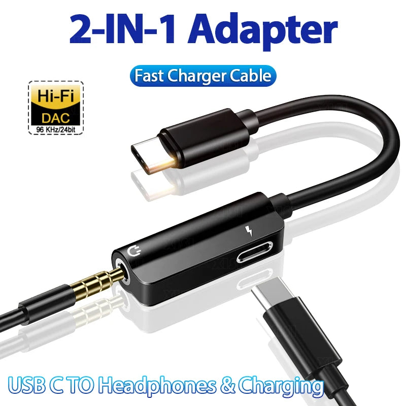 2 in 1 USB C to 3.5mm Jack Headphones Adapter Charger for Samsung Galaxy S24 S23 S22 Ultra A54 A34 A53 Note 20 10