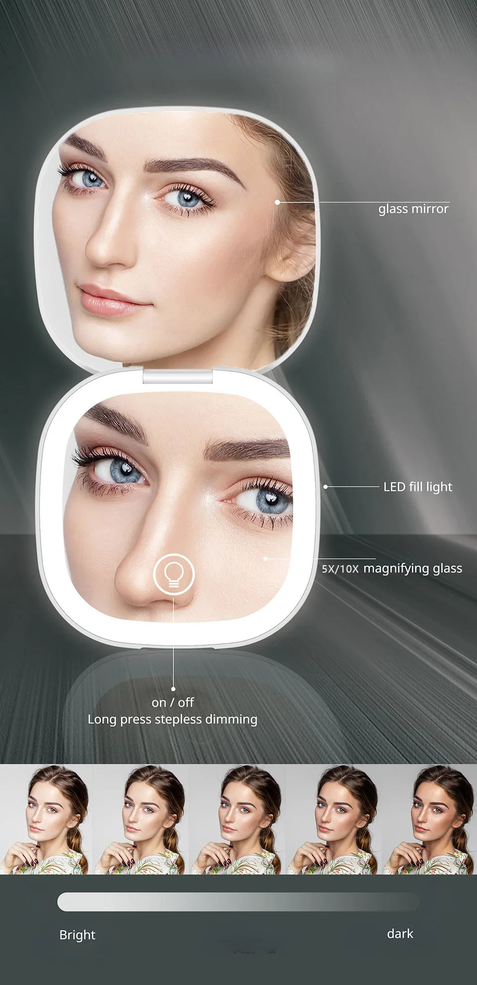 Mini Compact Foldable LED Makeup Mirror with 5x and 10x Magnification Rechargeable and Travel Friendly