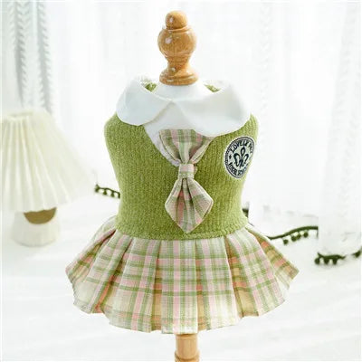 College Style Dog Dress for Small Dogs, Plaid Skirt, Pink,Blue,Green, Spring Dog Clothes, Cat, Chihuahua, XL
