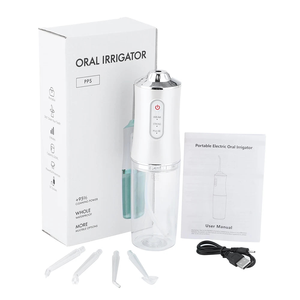 Irrigador bucal portátil, irrigador bucal con chorro de agua, recargable por USB, 4 boquillas, 220 ml, 3 modos, IPX7, 1400 rpm