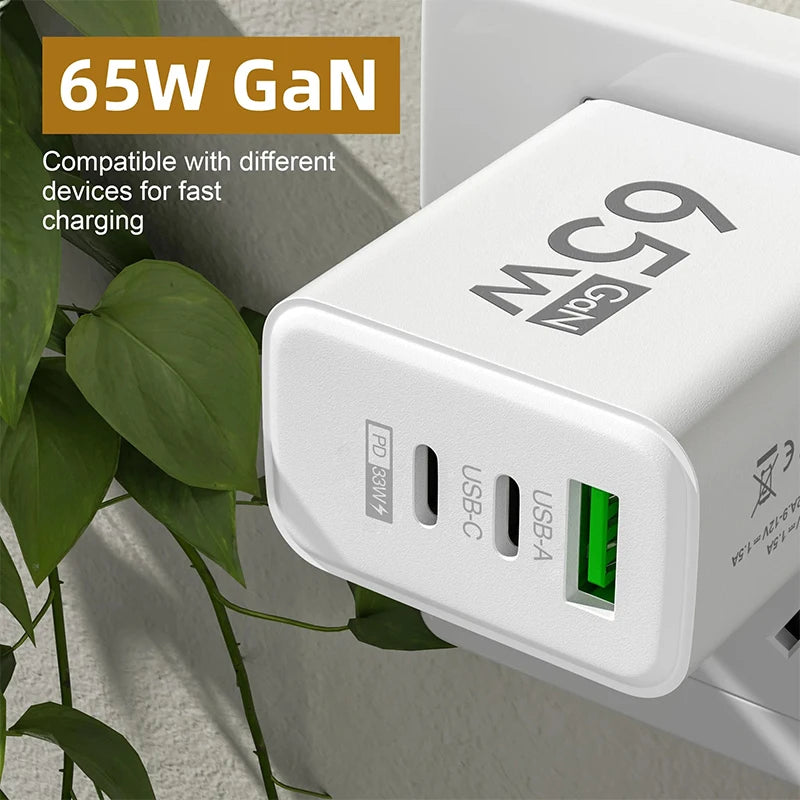 GaN Fast Charging 65W USB Type C Charger PD 3.0 for iPhone 15 Samsung Xiaomi Huawei