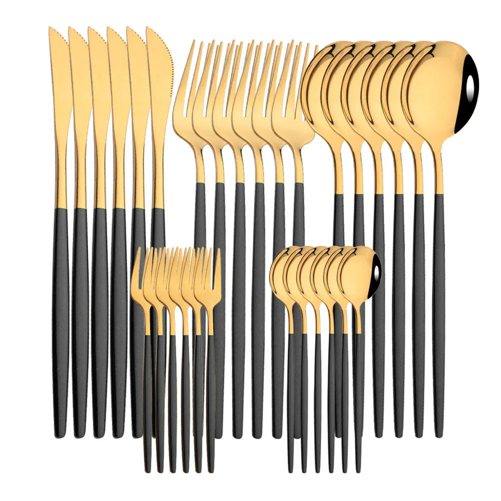30 Piece Black and Gold Stainless Steel Cutlery Set Durable Dinnerware with Knives Forks and Spoons
