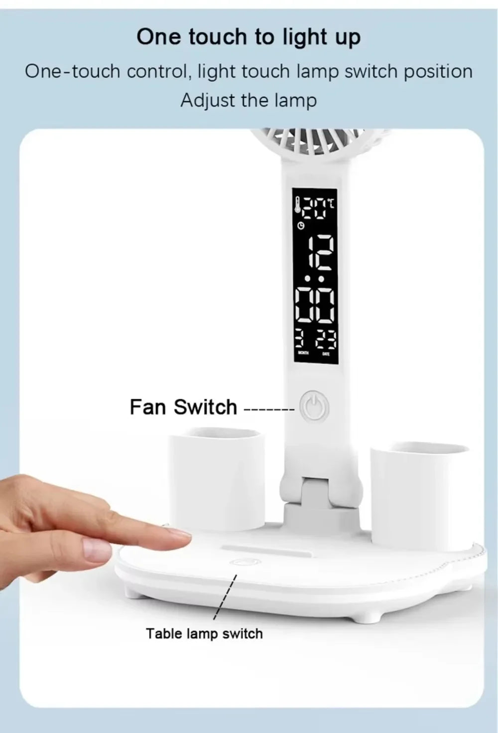 Multifunctional 3 Color LED Desk Lamp with Clock Fan and USB Charging Four Headed Folding Design
