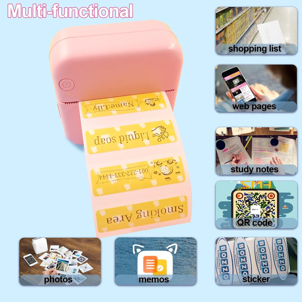 Portable Mini Thermal Printer Wirelessly BT 203dpi Photo Label Memo Printing with USB Cable
