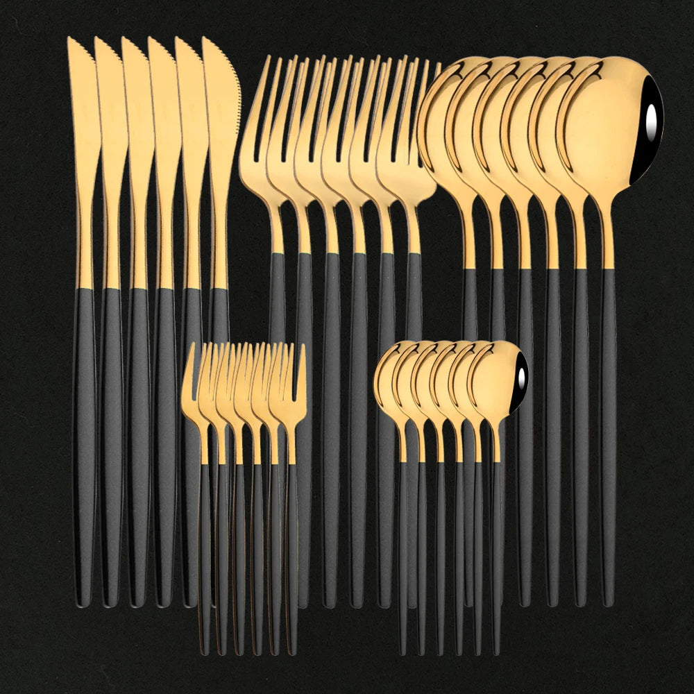 30 Piece Black and Gold Stainless Steel Cutlery Set Durable Dinnerware with Knives Forks and Spoons