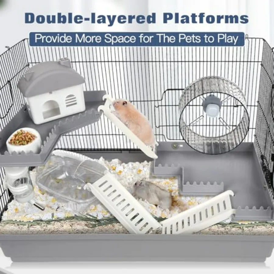 Multilevel hamster cage starter kit with spacious platforms exercise wheel hidehouse water bottle bathtub ladders and food bowl